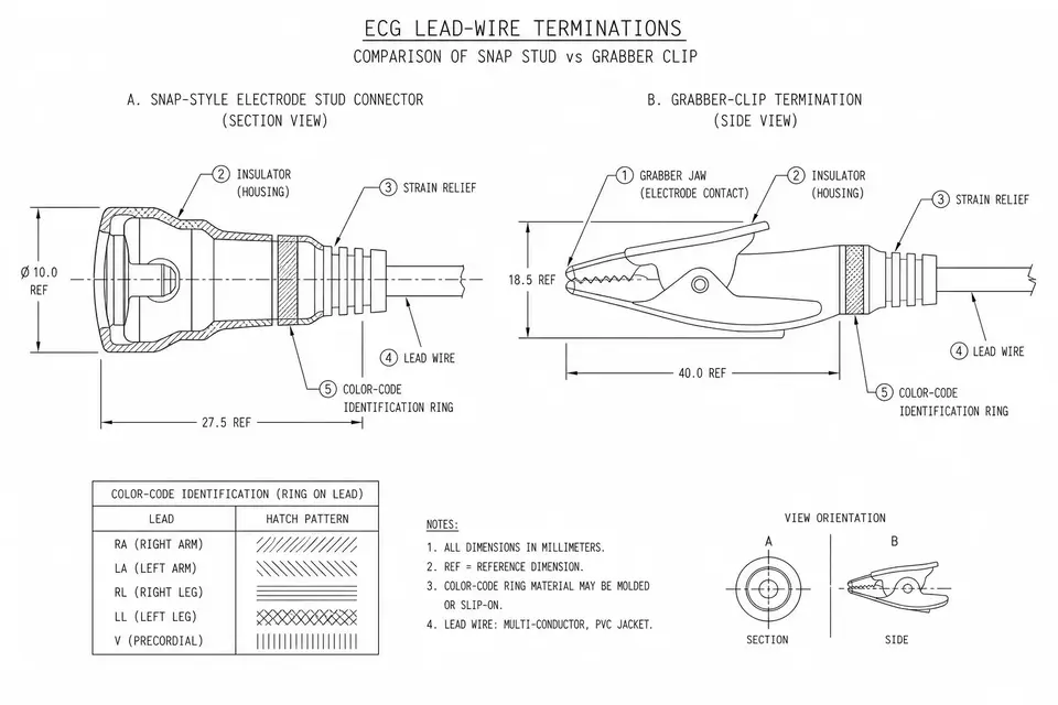 Snap and clip ECG lead terminations with color-coding detail