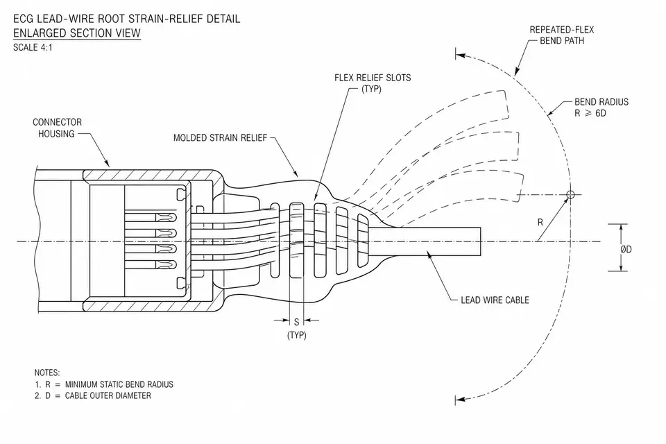 Lead-wire root strain relief and repeated-flex review detail
