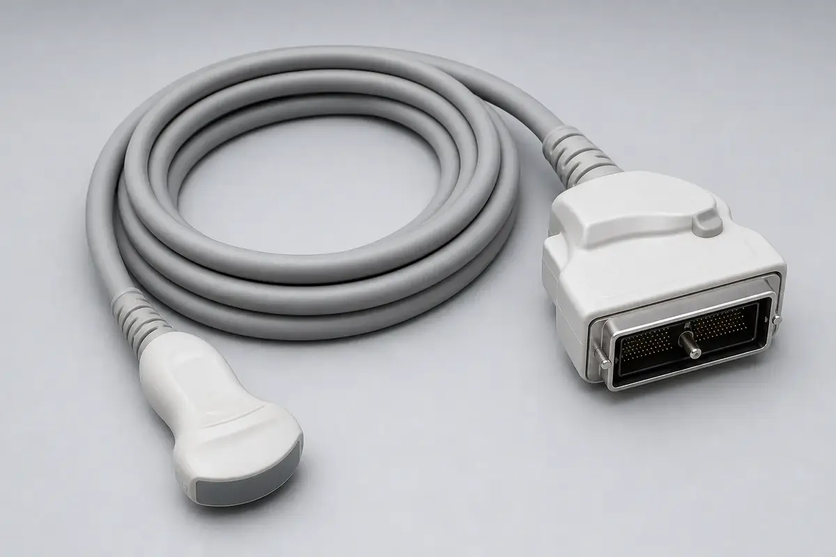 High-density micro-coaxial ultrasound probe cable with probe-end strain relief and console connector on a clean studio background