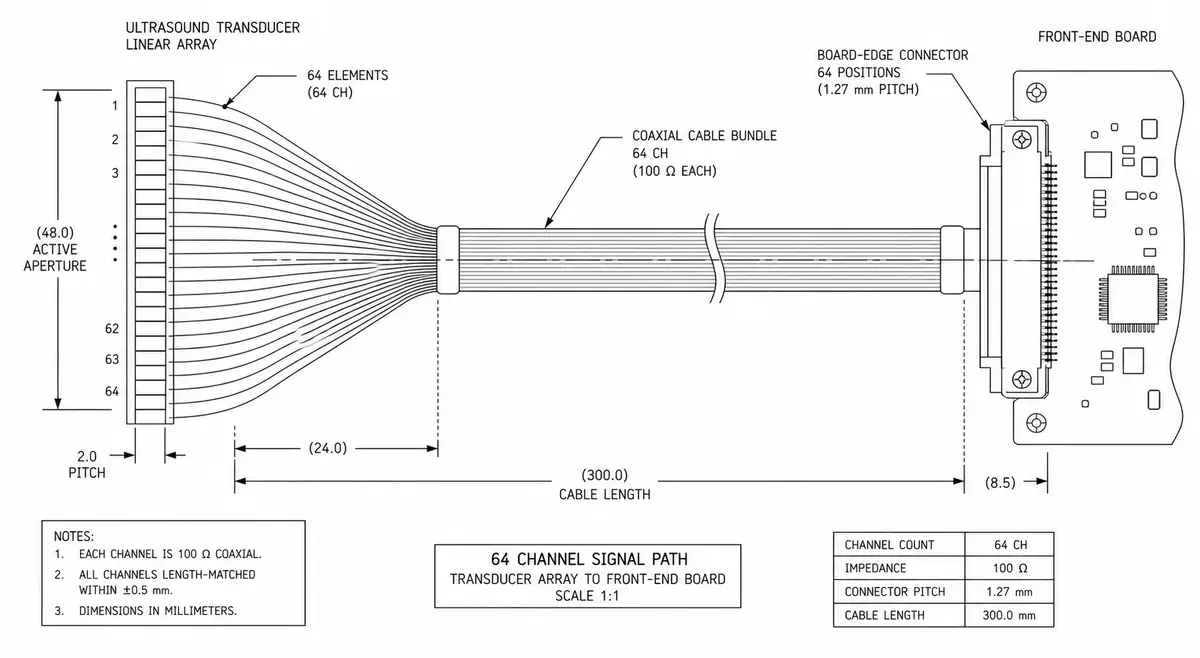Multi-channel path from transducer array to front-end board