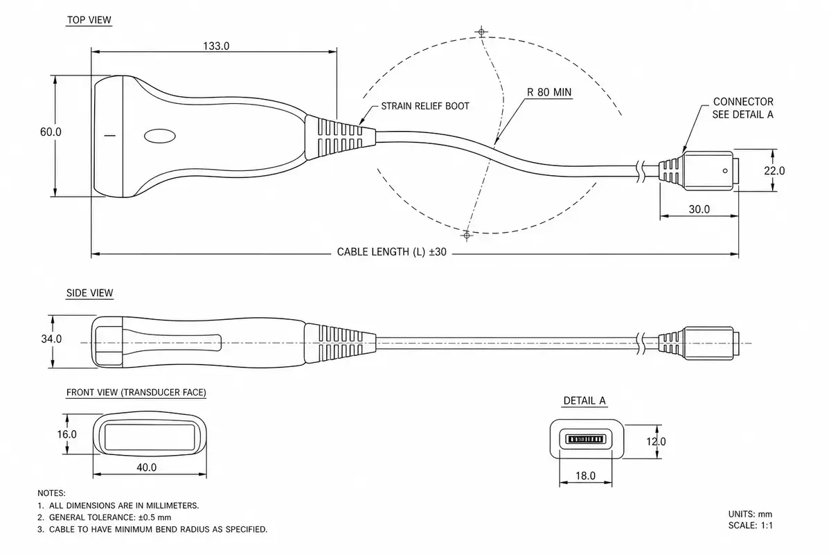Flexible cable-body routing on a portable ultrasound probe