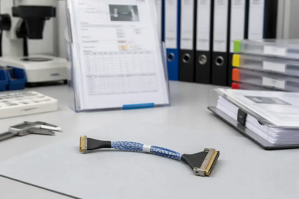 Micro-coaxial assembly document-control scene with records and labels secondary to the harness