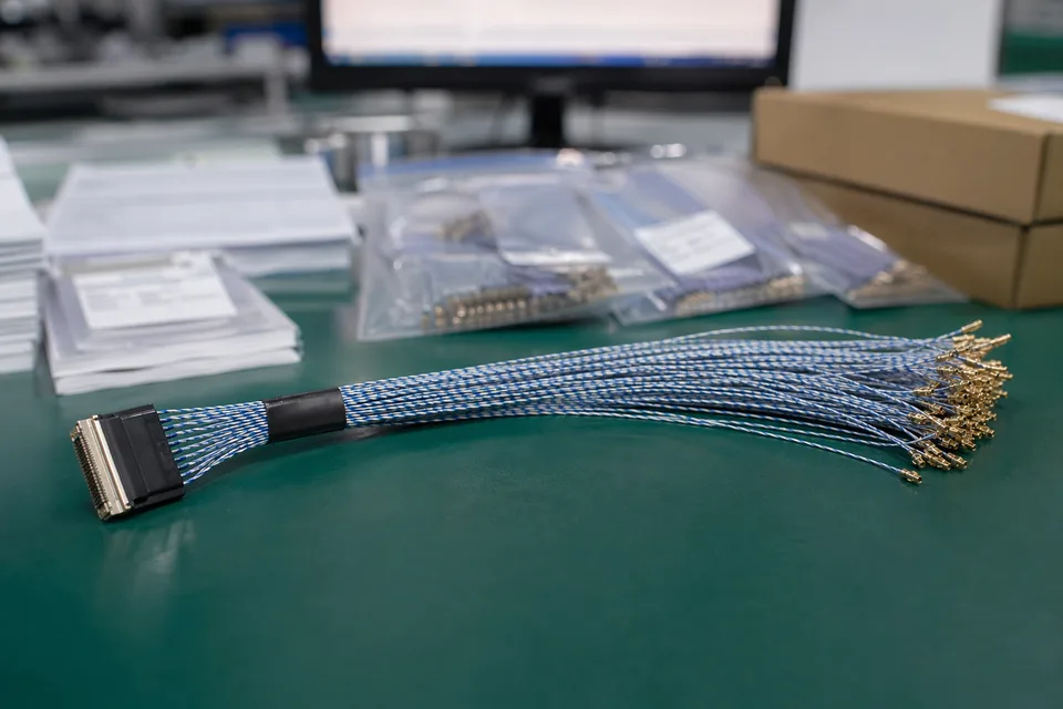 Micro-coaxial controlled record scene with compact harness sample foreground and document support
