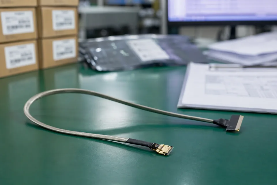 Micro-coaxial batch traceability archive with fine connector lot labels and cable sample visible