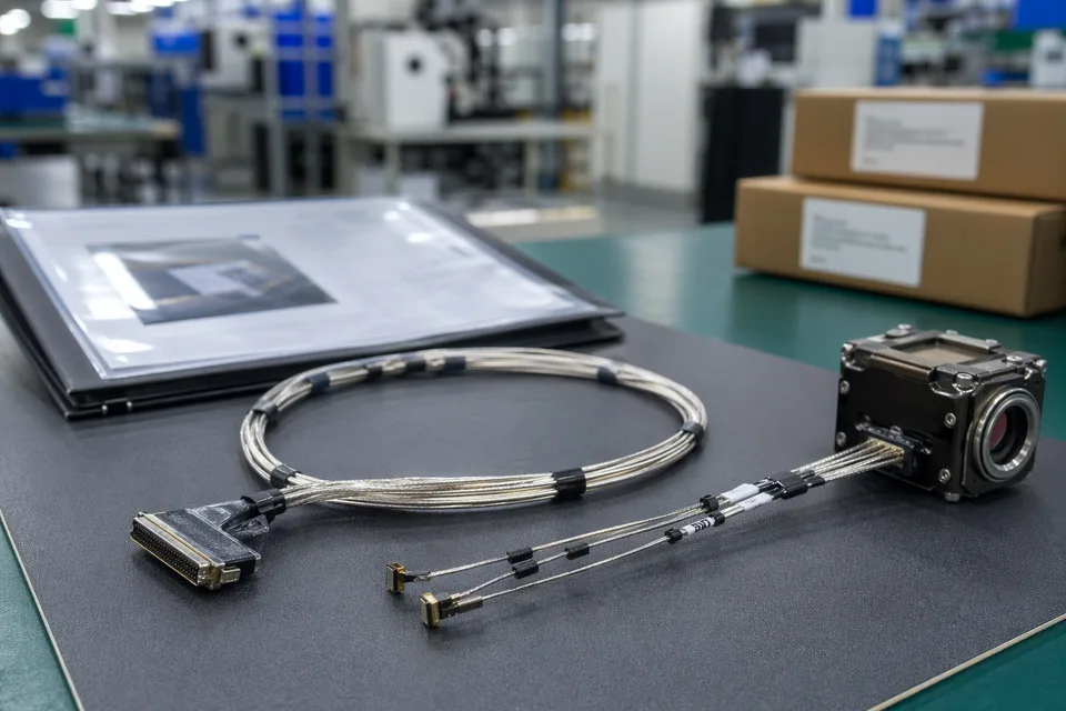 Micro-coaxial released-sample approval folder beside shielded harness and compact module mockup