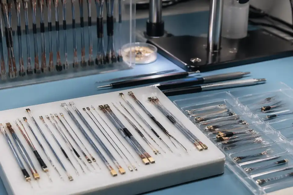 Micro-coaxial cable assembly workstation with precision harness handling and compact connector preparation