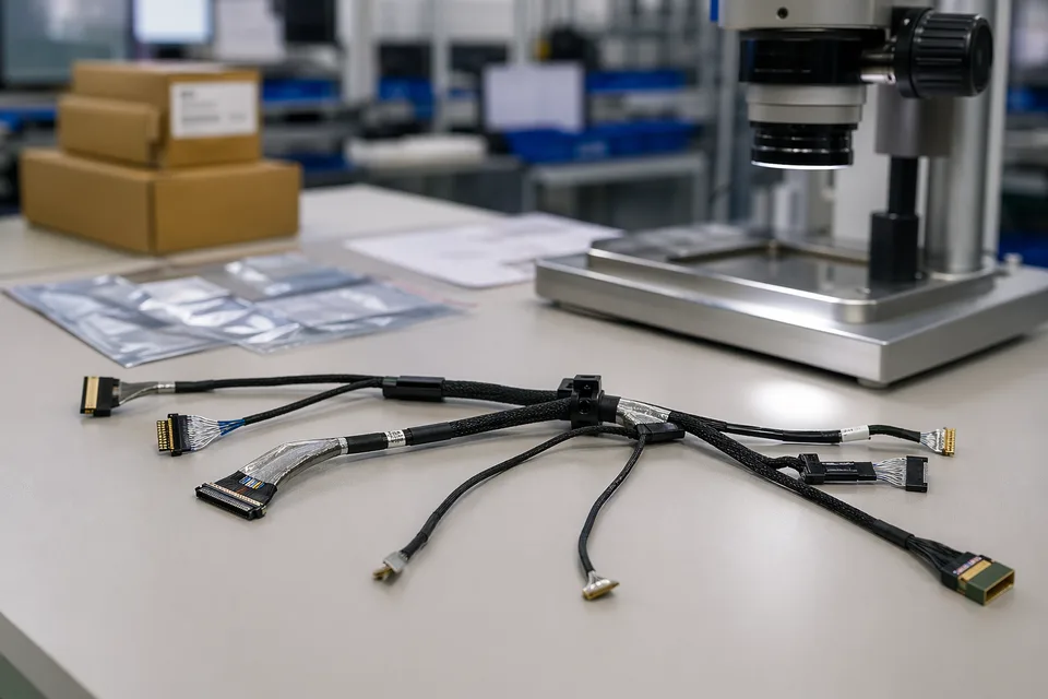 Micro-coaxial precision assembly bench with fine connector prep and microscope fixture visible