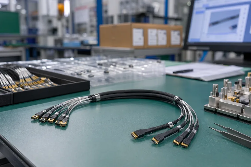 Micro-coaxial small-batch production station with shielded bundles and compact connector trays
