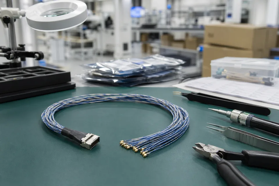 Micro-coaxial routing and termination workstation with delicate cable handling tools and ESD mat