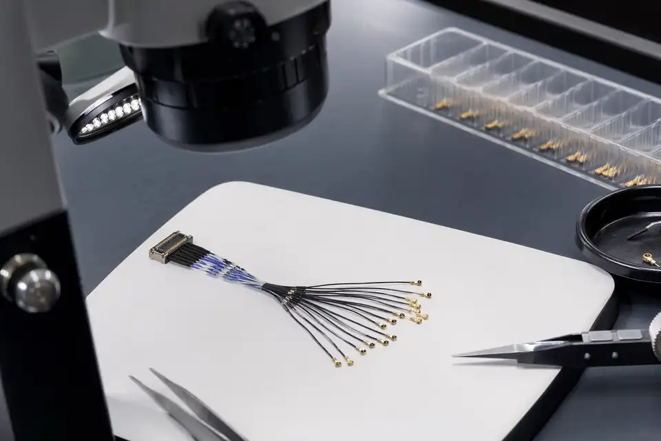 Micro-coaxial assembly quality-review scene with precision cable, fixture, and validation context