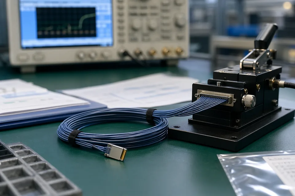 Micro-coaxial quality verification bench with fine-pitch connector inspection and measurement context