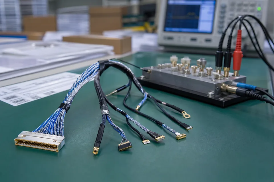 Micro-coaxial shielding and continuity test scene with fixture and compact harness sample foreground