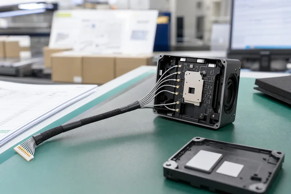 Micro-coaxial route-fit engineering review inside compact camera or drone module mockup