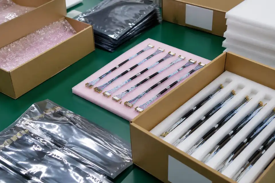 Micro-coaxial cable assemblies packed in anti-static protective packaging with labels and protected shipment context