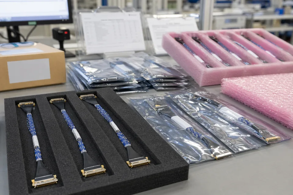 Micro-coaxial harnesses packed in anti-static bags and foam trays with delicate connector protection