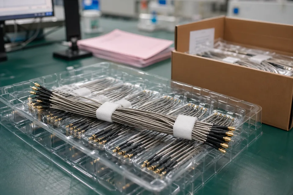 Micro-coaxial carton staging with protected fine connectors, traceability cards, and delivery support