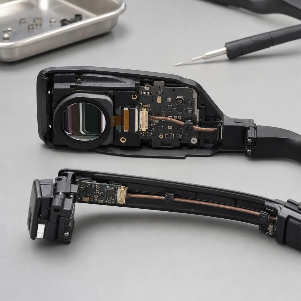 AR/VR near-eye display module route scene with fine micro-coax harness, bend radius, and retention clips in a non-branded prototype