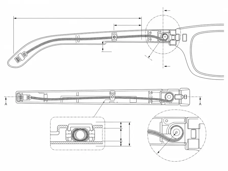 Smart-glasses temple and hinge line-art with a fine-gauge micro-coax cable path through the thin arm, bend behaviour and a retention clip