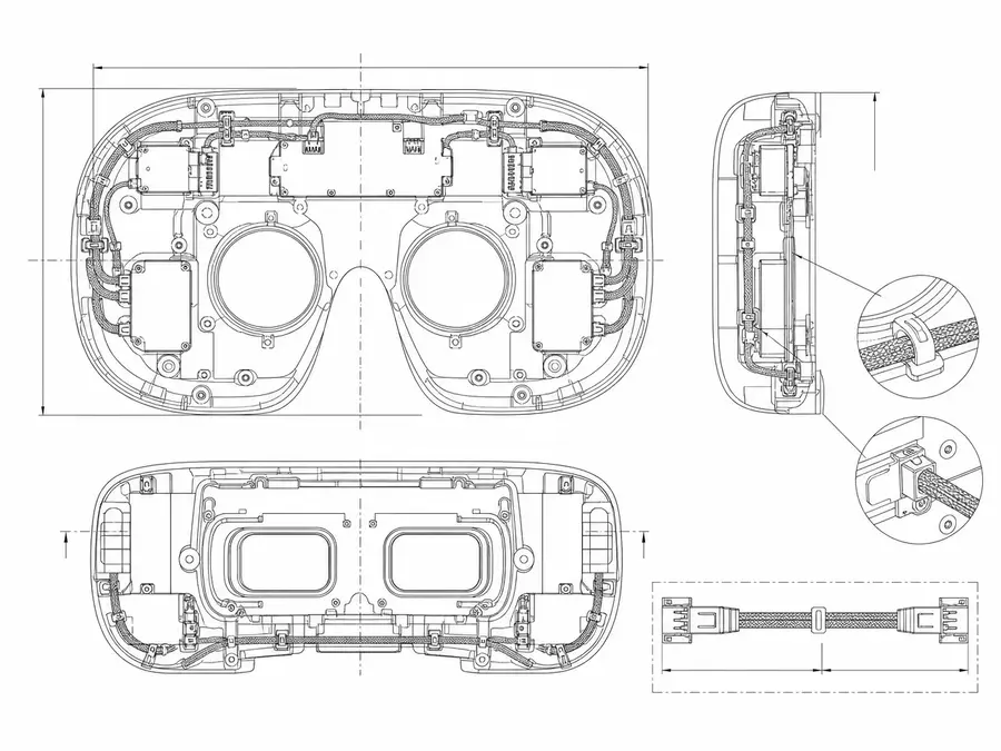 VR headset internal frame line-art with multiple modules linked by shielded micro-coax interconnects and cable retention