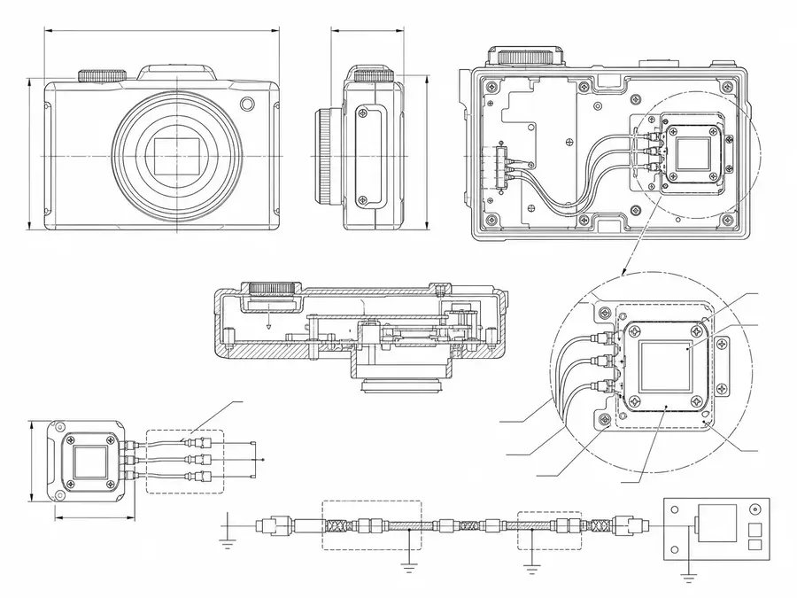 Compact camera and sensor module line-art with short high-speed micro-coax paths near small imaging hardware, shielding and grounding