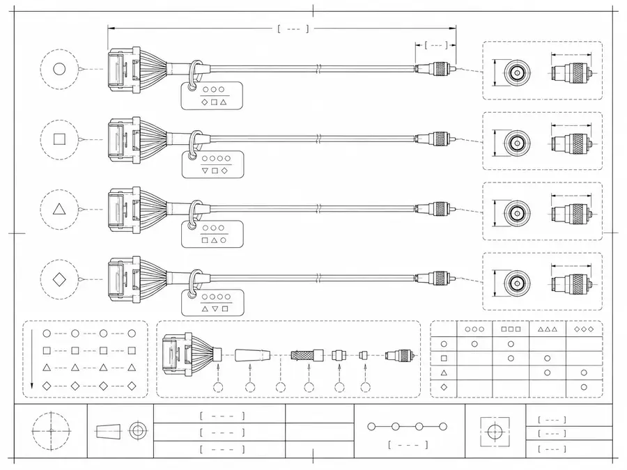 Prototype micro-coax harness set line-art with sample-id tags and version markers for fast iteration