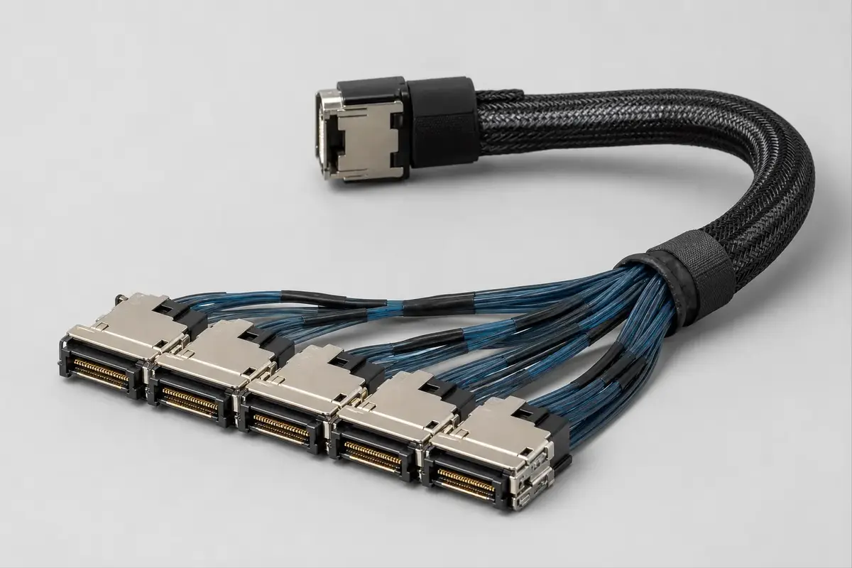 Non-branded data-center server rack line-art with an internal micro-coax routing path, dense board connectors, and a cable tray