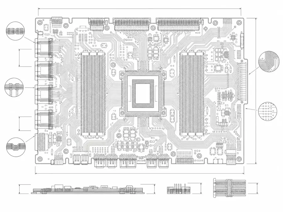 AI server node board line-art with high-density internal high-speed micro-coax routing, impedance consistency and length tolerance