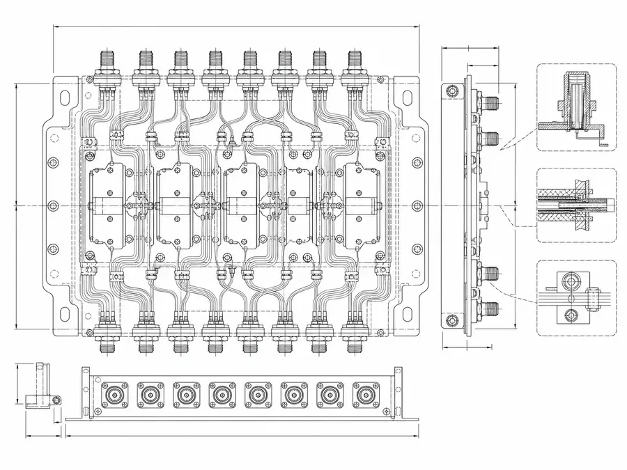 Switch backplane line-art with compact multi-termination micro-coax paths and connector access