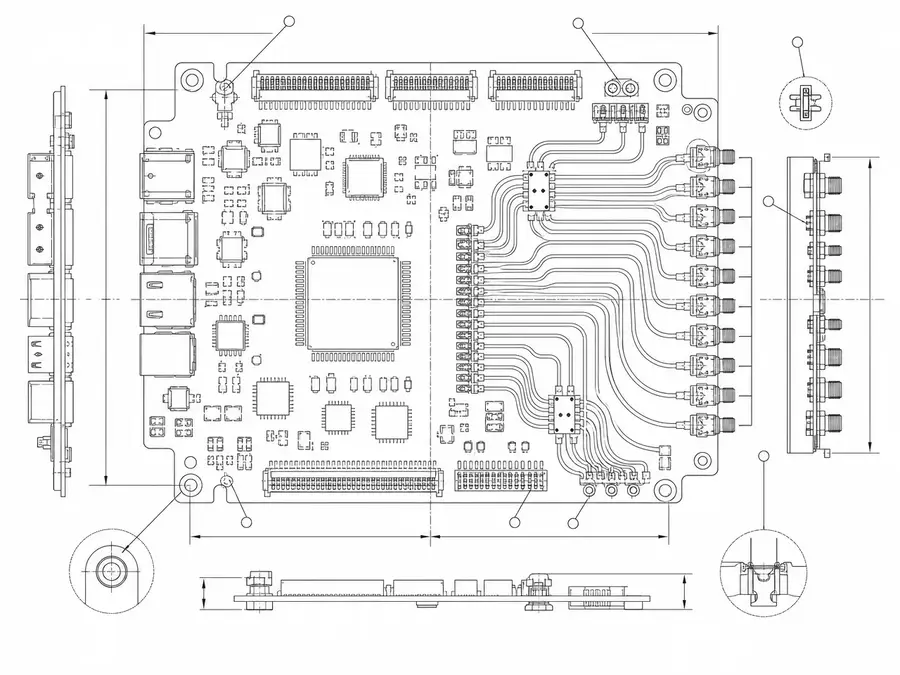 BMC management board line-art with dense management micro-coax interconnects and terminal identification points
