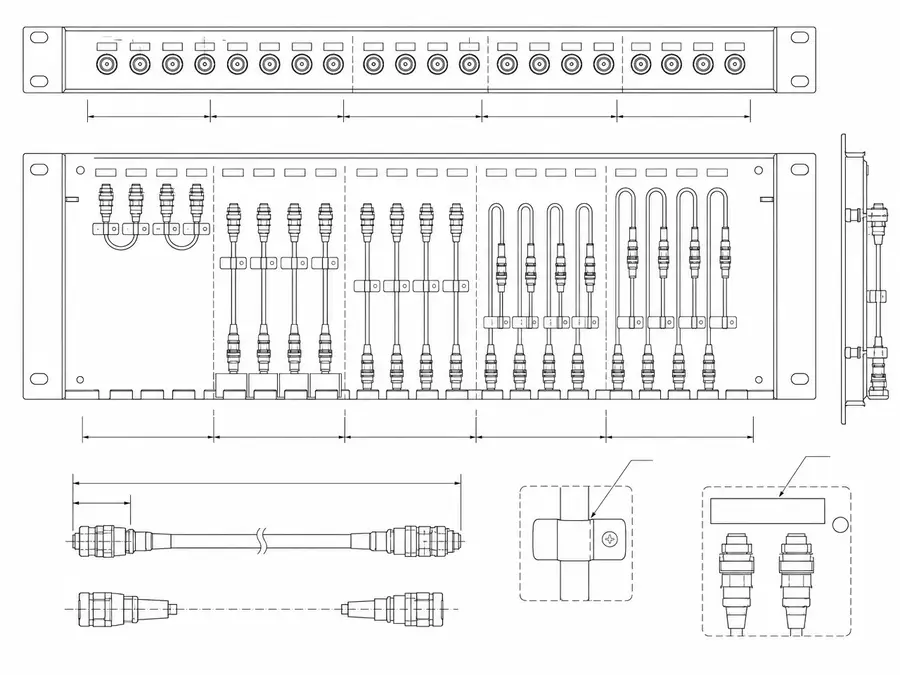 Patch-panel micro-coax jumpers line-art organized by short length with length-version grouping and label positions
