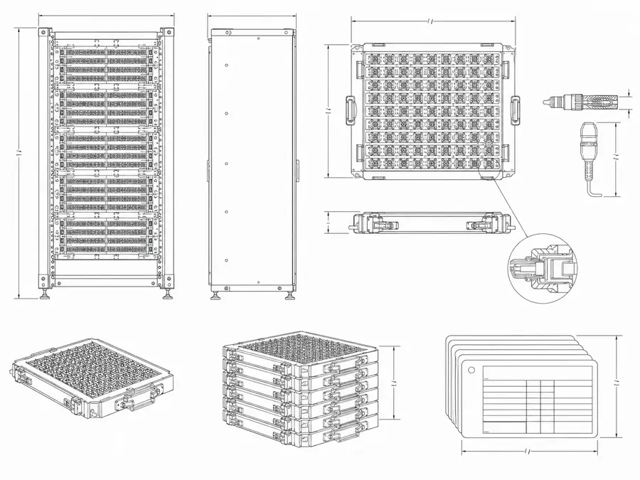Hyperscale rack micro-coax program line-art with multi-version production trays and release-record cards