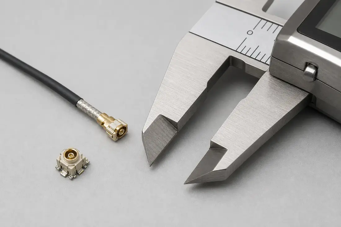 Non-branded DF36-compatible connector review scene: low-profile micro-coax board connector and fine coaxial cable end beside a separate mating-reference connector and a digital caliper