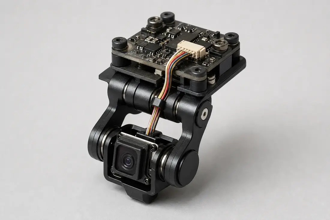 Drone camera gimbal module with a fine micro-coaxial cable routed through the hinge to the camera board