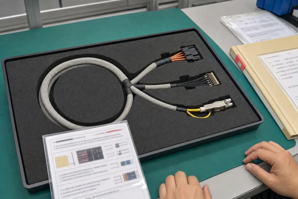 Controlled three-domain termination sample-approval bench for a copper + micro-coax + fiber hybrid harness program, hybrid sample in foam tray with copper power, micro-coax signal, and fiber-optic terminations clearly distinguishable