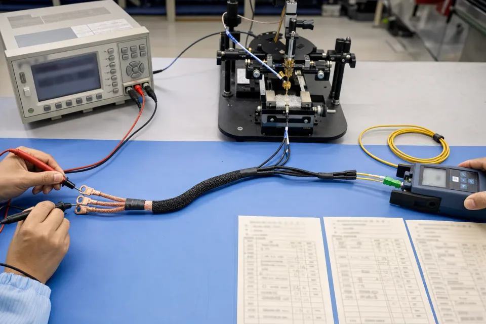 Cross-domain inspection bench for a copper + micro-coax + fiber hybrid harness program, with electrical continuity probes, high-speed signal fixture, and handheld fiber-optic power meter, three per-domain record sheets kept unreadable
