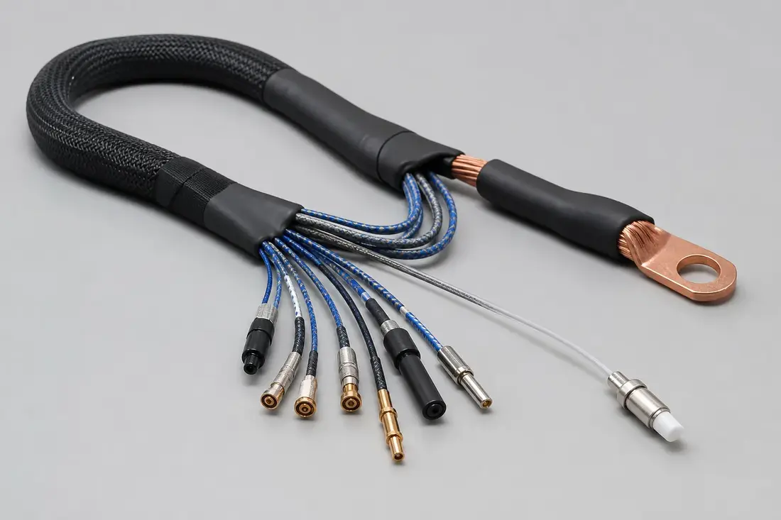 Non-branded mixed-media cable assembly bundling a copper power wire, fine micro-coaxial signal wires, and an optical-fiber strand into one harness with distinct termination zones on a neutral surface
