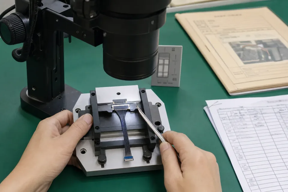 Incoming / first-article precision-connector inspection bench for a CABLINE-compatible micro-coax program, stereo microscope and inspection jig over a fine-pitch connector with unreadable records