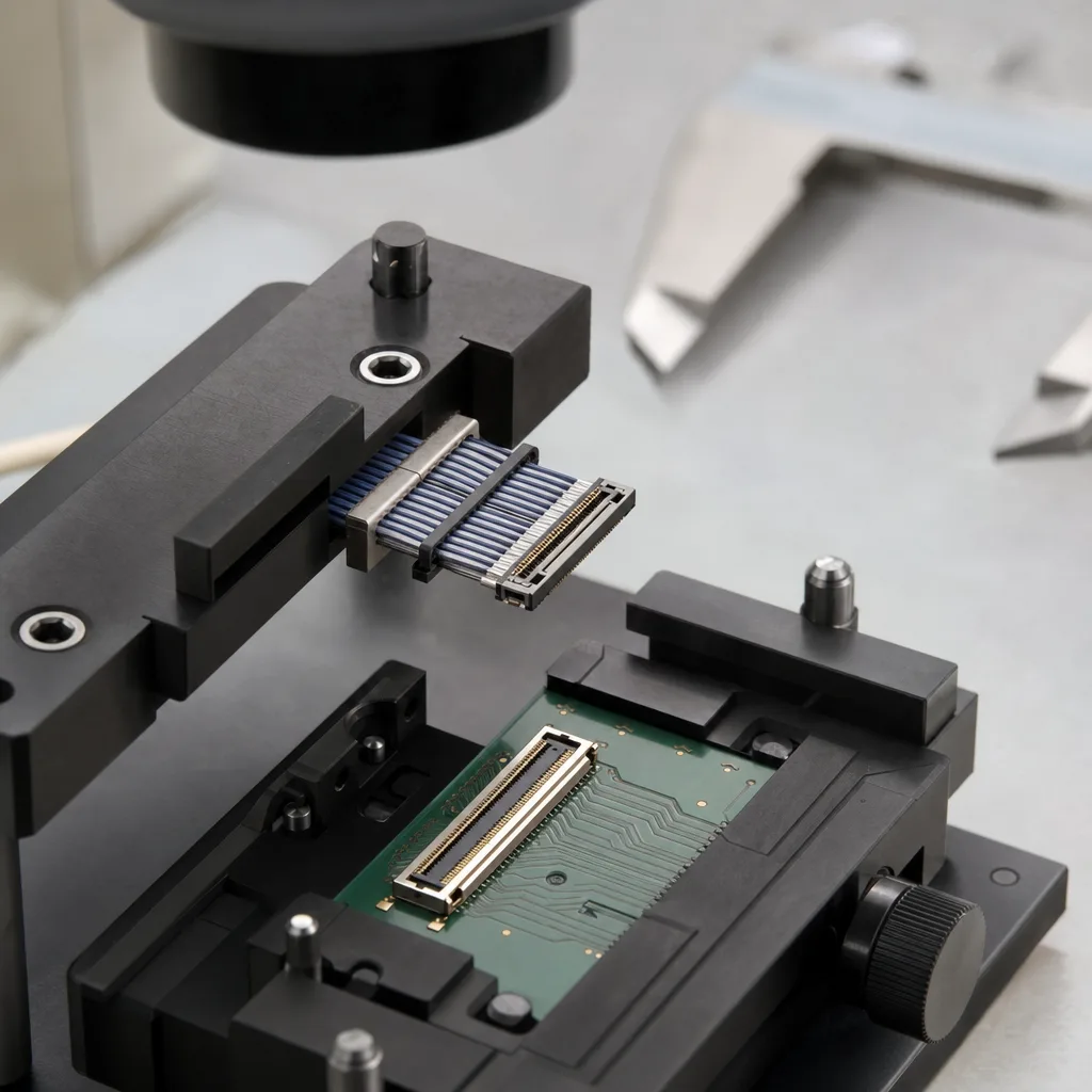 Non-branded CABLINE-compatible micro-coax connector review fixture with fine-pitch mating sample and controlled drawing context