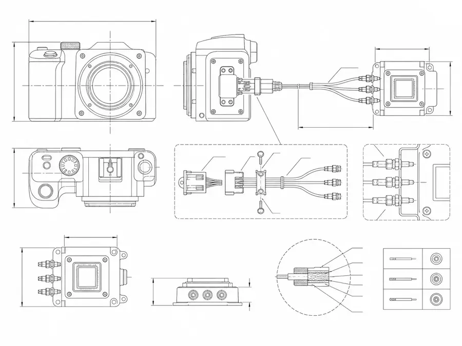 Camera and imaging module line-art with a small connector system and controlled micro-coax exits, wire gauge and retention points