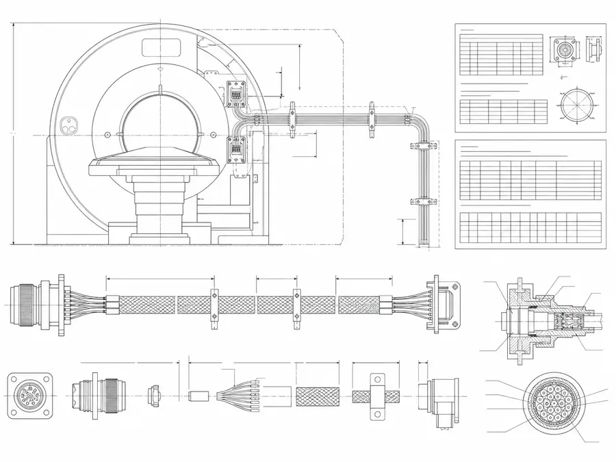 Medical imaging route line-art with connector-led precision micro-coax routing beside unreadable inspection record sheets