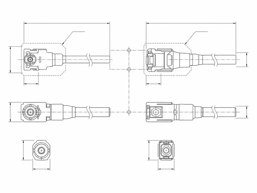 Replacement-program comparison line-art matching a legacy cabline-style micro-coax part to an active-platform part