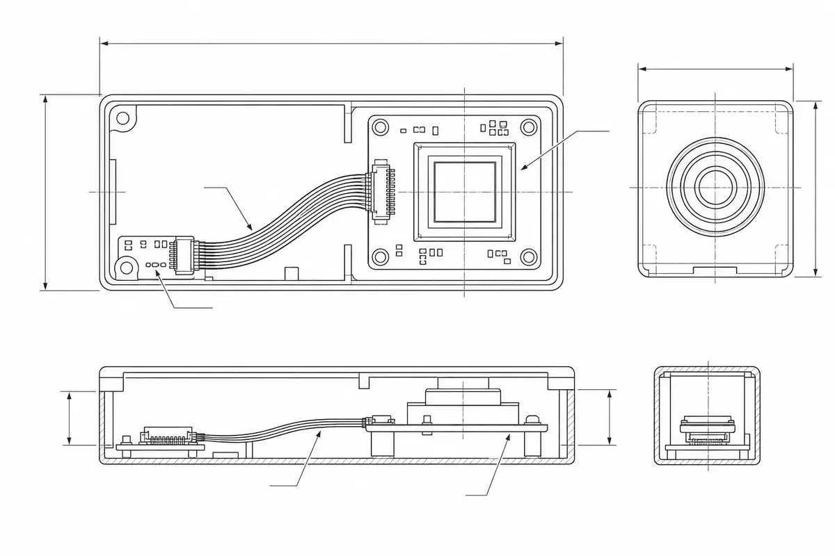 Compact camera module with a fine micro-coaxial harness routed from a low-profile board connector to the image-sensor board inside a small housing outline