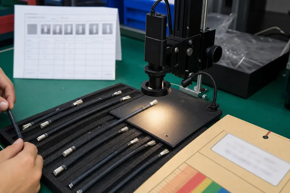 Sample-approval and tip-image-record station with a foam tray of laser-stripped micro-coax samples and a benchtop tip-capture rig, end-face record sheet kept unreadable
