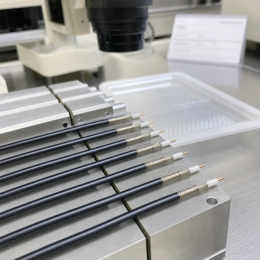 Laser-stripped micro-coax cable ends aligned horizontally in an inspection fixture with clean stripping windows and microscope context