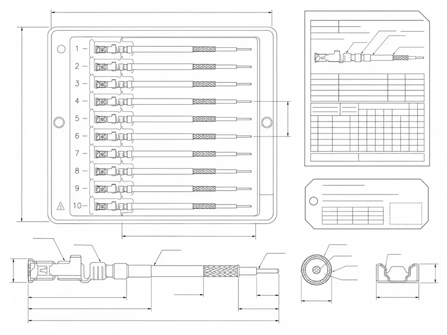 Stripped micro-coax terminal samples line-art on a protective tray beside unreadable inspection records and batch labels