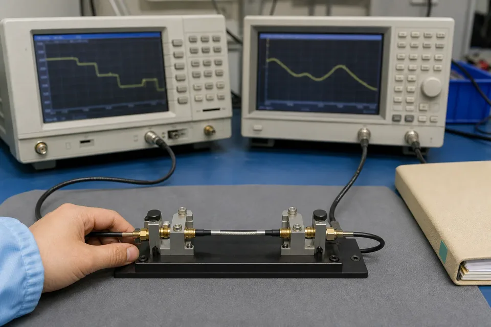 Controlled RF impedance / TDR / VNA test station for a micro-coax program, sample in calibration fixture connected to non-branded bench instruments with blurred-trace screens, closed parameter logbook on the side