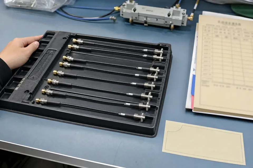 Batch sample lot tray of micro-coax test samples with neutral termination-consistency record sheet and lot card, calibration fixture in soft focus at the rear, all text kept unreadable