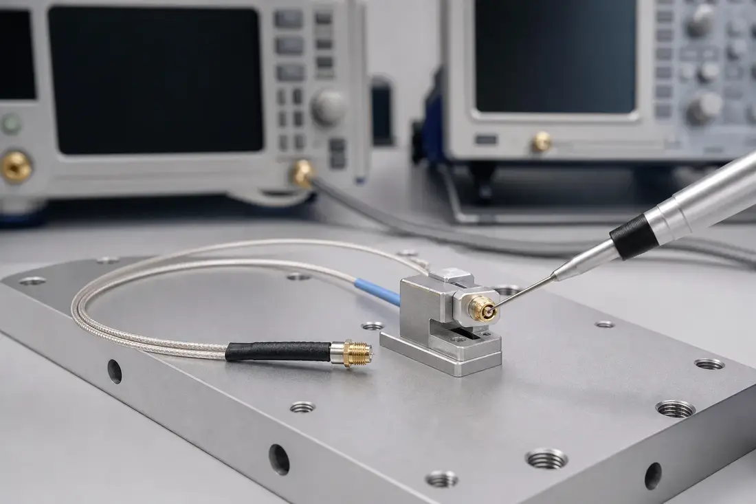Non-branded fine micro-coaxial cable assembly with miniature coaxial connectors on a test-bench fixture, a measurement probe at one connector, and soft-focus bench instruments with blank screens behind
