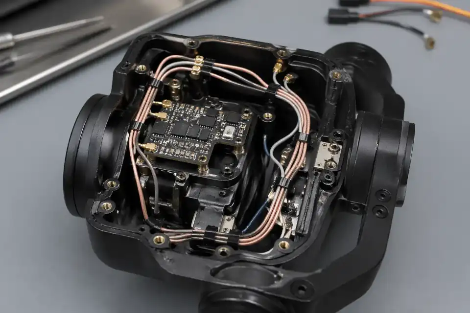 Micro-coaxial harness routed through a UAV flight-control interconnect