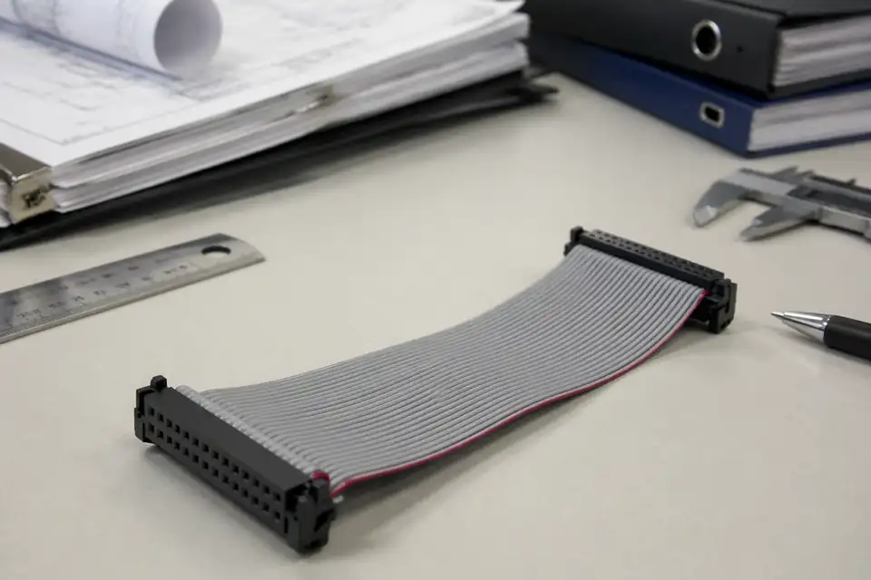 IDC engineering drawing-set review with ribbon harness foreground and controlled document context